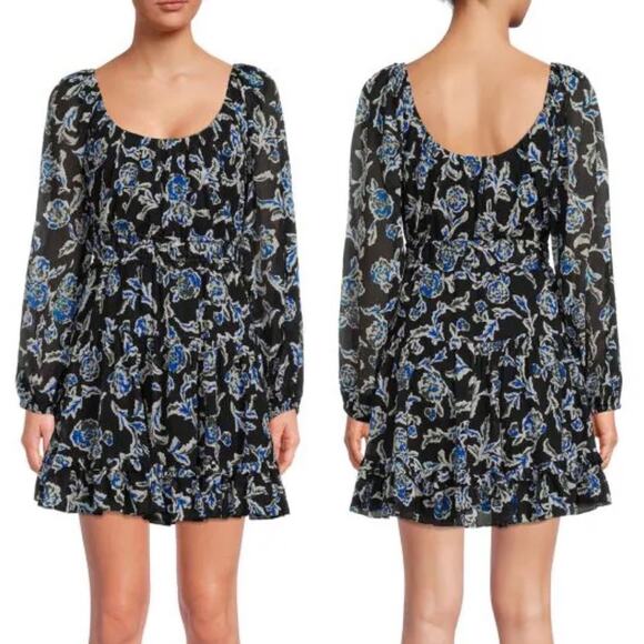 TANYA TAYLOR Edita Fit & Flare Mini Dress Floral Blue Long Sleeve Flowy Sm NEW - Picture 4 of 15